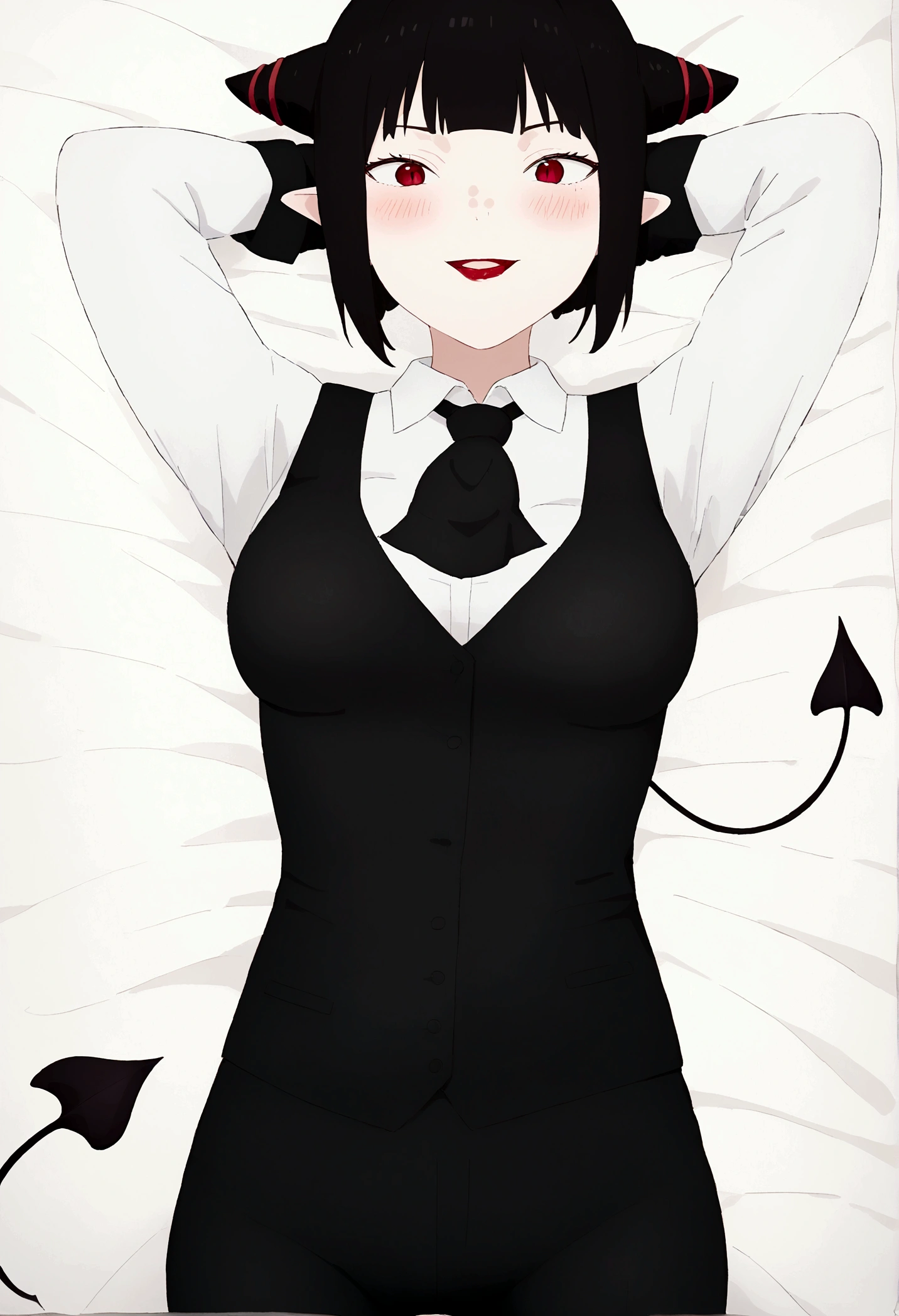 work of art, best qualityer, high resolution, 1girl horns short hair demon tail, white shirt black ascot black gloves black pants black vest lying on your back, sheet, arms behind the head,blushed,face red,cos,ssmile