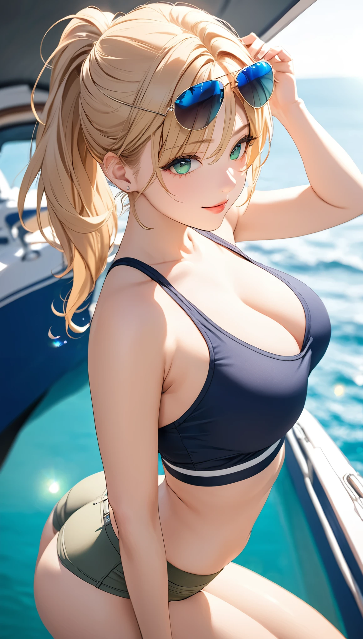 Highest quality、Best image quality、masterpiece、One Girl、26 years old、Best Bust、Big Breasts、Beautiful Eyes、Blonde, Green Eyes、ponytail、Natural smile、cowboy shot, Sexy pose, Seductive pose, crop top, hot pants, Put your sunglasses on your forehead、Ass Focus、On the cruiser、blue sea、Natural sunlight、Lens flare、Shallow depth of field、