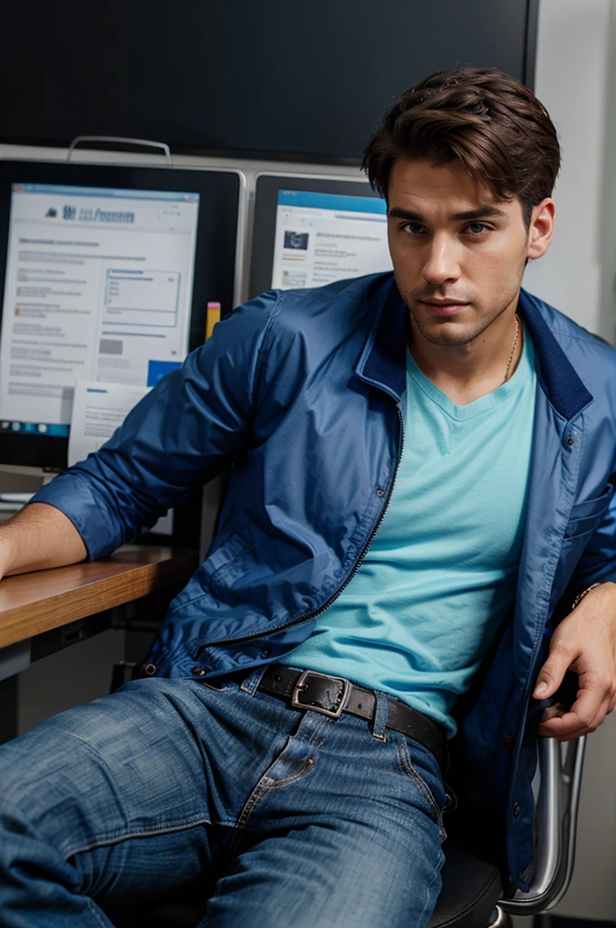 A handsome man wearing a blue jacket was sitting in the office