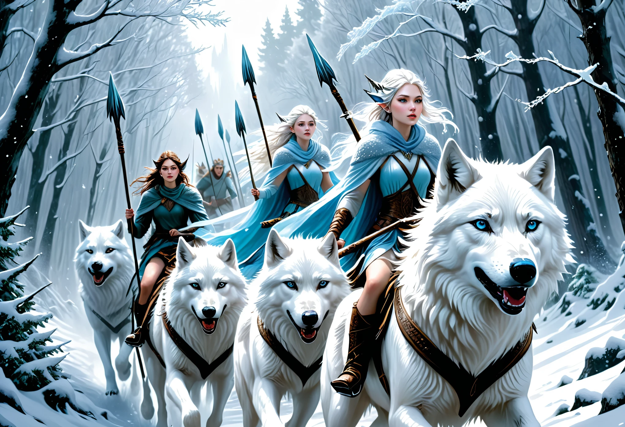 hyper-realistic digital painting, very detailed faces, fae aesthetic, ice fairies riding to war, riding on white wolves, forest scene, ((snow storm)), carrying spears