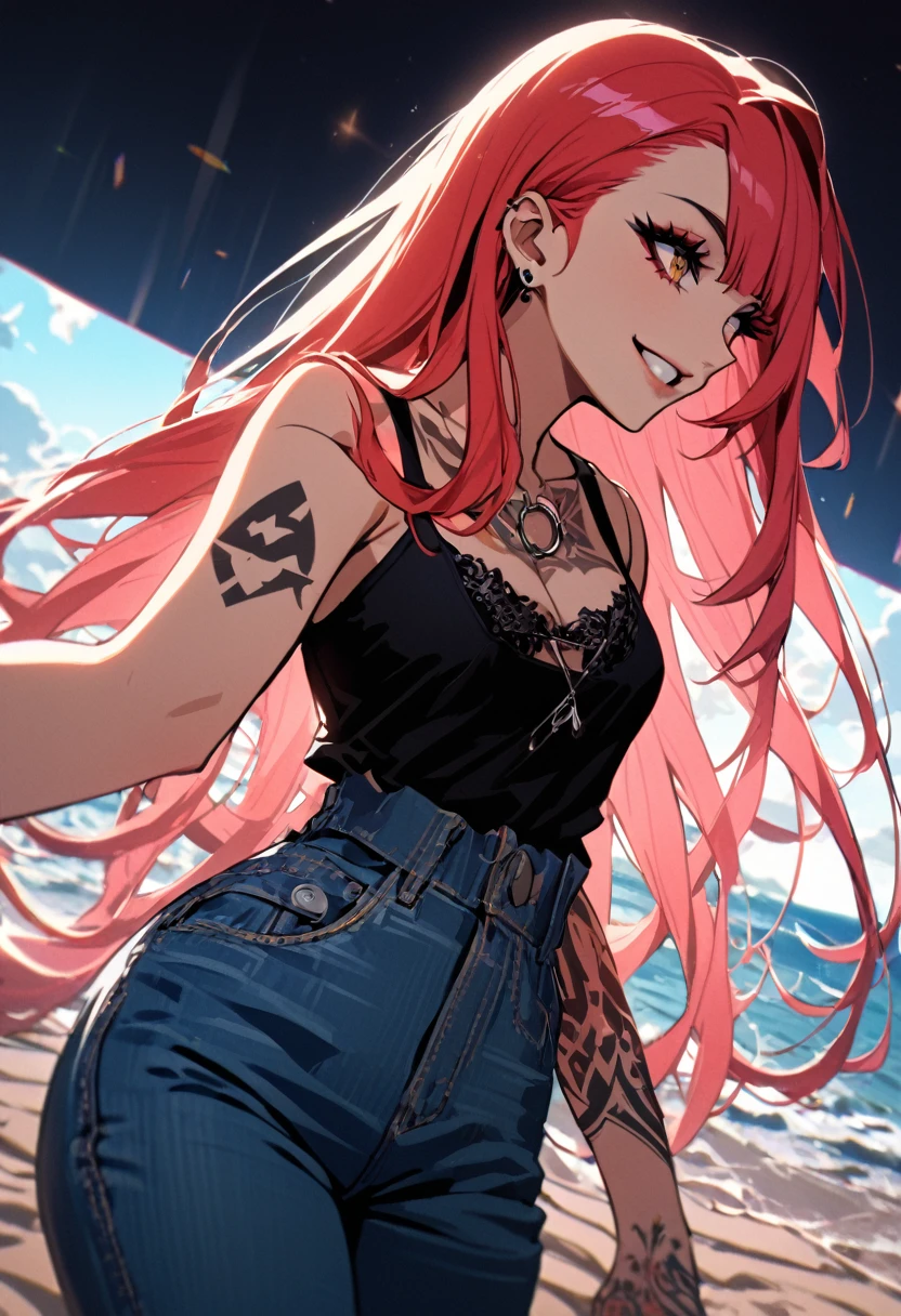 1 girl, Holo-Punk style, Light red hair, long hair, aretes, eyelash, ssmile, beachfront, jewerly, lips, make up, necklase, chemise, shorth hair, manga curta, ssmile, standing alone, t-chemise, tatoo, large breasted, teeths, denim trousers, black chemise, Fake Falcon, punk aesthetic, cinematic angle, foreshortening, tenebrosa, tenebrosa background, cinematic lighting, work of art, best qualityer