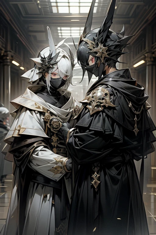 There were twins who belonged to the Masked Knights.。They are wearing black and white coats。They wear black and white masquerade masks。They have guns、Turning towards you。They wear black and white helmets。