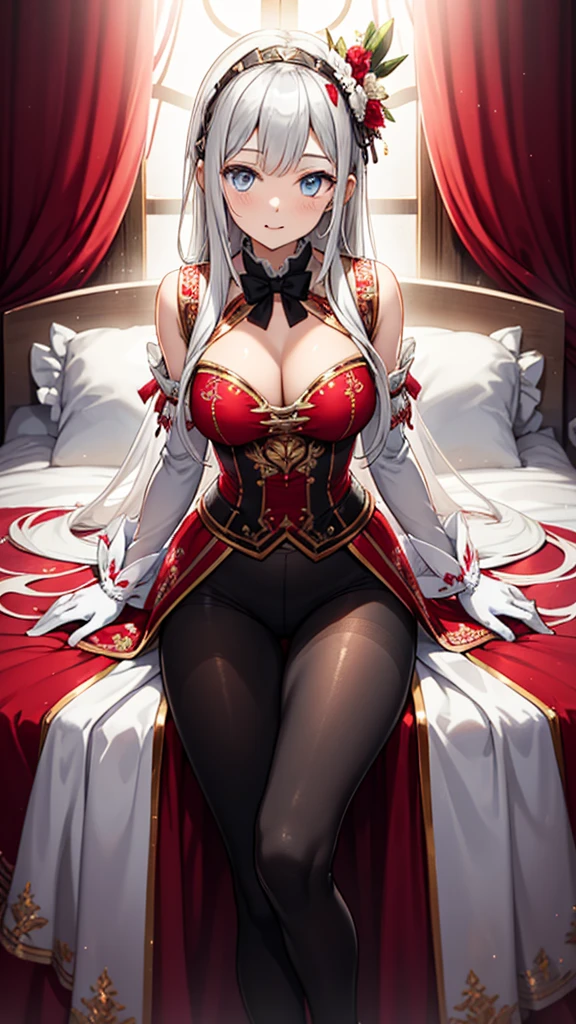 s girl，seductiv，having fun，Being in love，(Girl wearing intricately embroidered black high-waisted pants with pantyhose)，(White ruffled bow gloves)，whaite hair，eBlue eyes，Suitable transparent clothing，Sacred headdress，Transparent lace，exquisite costumes，solo person，European style bedroom，(natta:1.1)，Delicate and beautiful face，