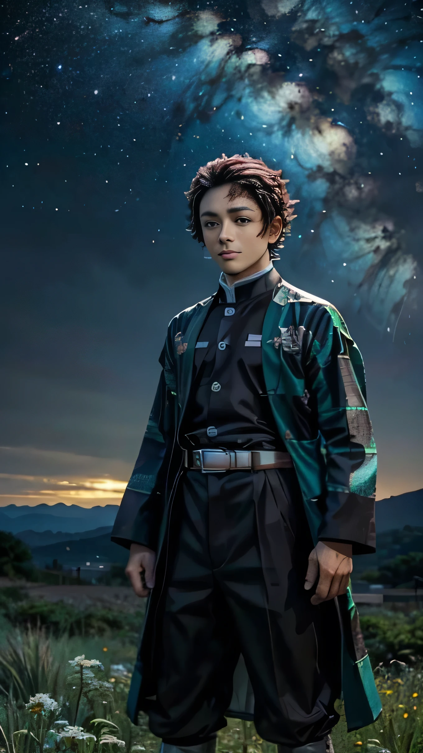 a beautiful ultra-detailed realistic man, Tanziro Kamado from Demon Slayer, very handsome, standing at starry night sky, a grassy field,  gorgeous face with glowing eyes, perfect body, kind and loving expression, masterpiece, 8k, HDR, professional lighting, cinematic, dramatic