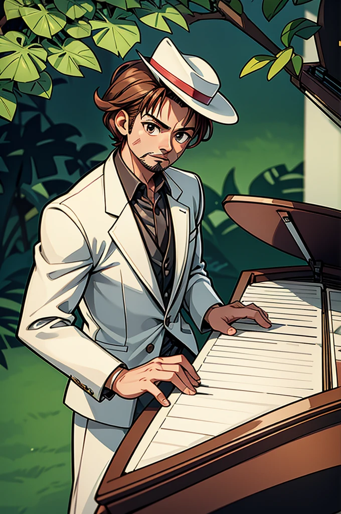 tree-lined tony stark wearing white tuxedo and havana hat, play piano, em um pub tropical, natta, 60s cartoon style, 8K