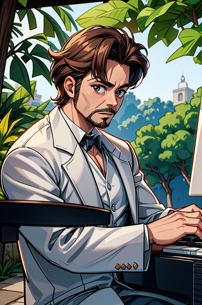 tree-lined tony stark wearing white tuxedo and havana hat, play piano, em um pub tropical, natta, 60s cartoon style, 8K