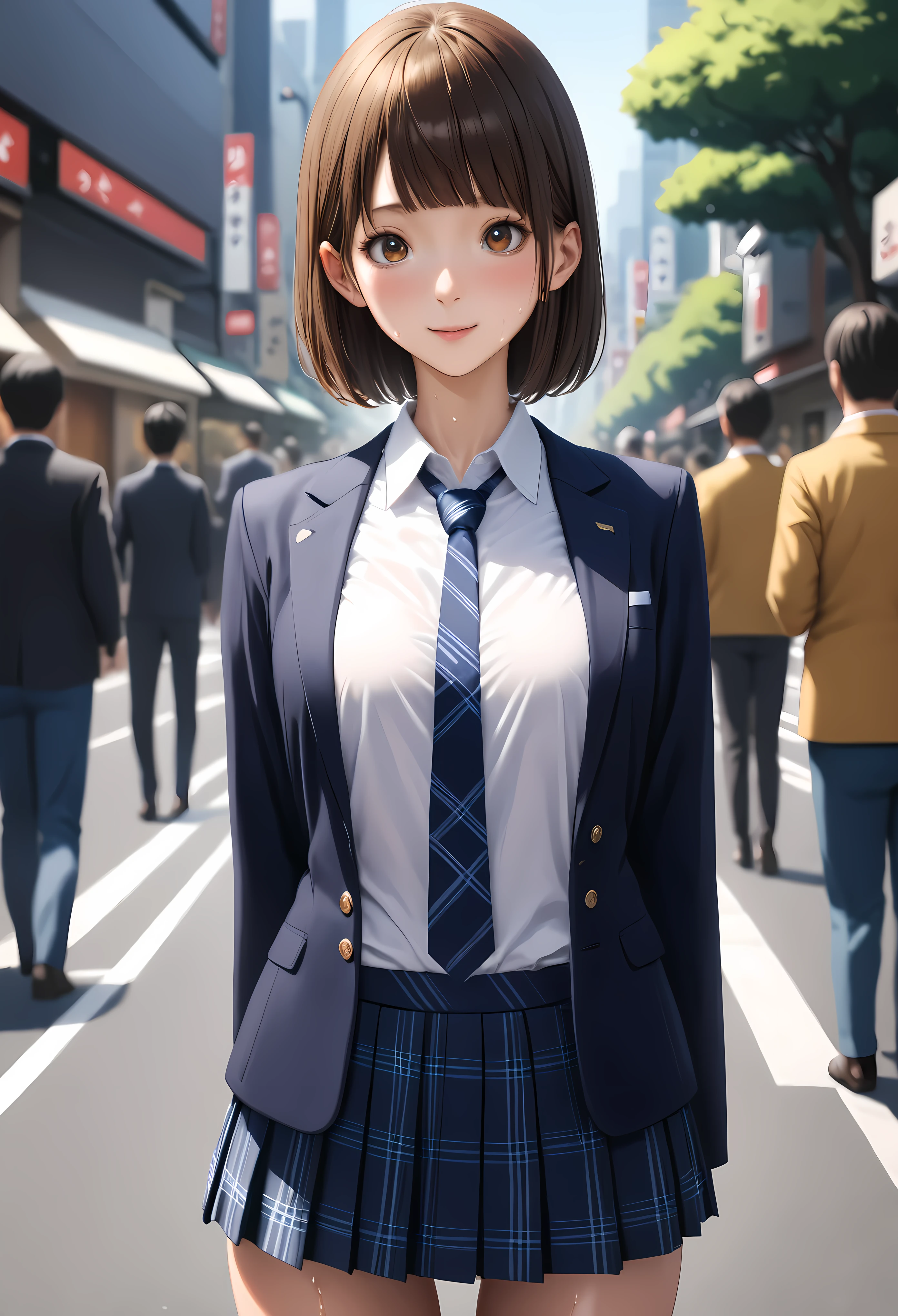 (realistic:1.5,masterpiece,Highest quality:1.3,best quality illustration),cowboy shot,1woman,20 year old Japanese beauty,very small head,(short bob brown hair),bangs,brown eyes,gorgeous eyes,blush,smile,.medium breasts,((very long body:1.3)),((toned body,slender body,skinny:1.3)),(School uniform、Dark blue blazer jacket、White shirt、Navy blue tie、Dark blue plaid pleated mini skirt),gleaming skin,shiny skin,sweat,standing,on street、Tokyo,