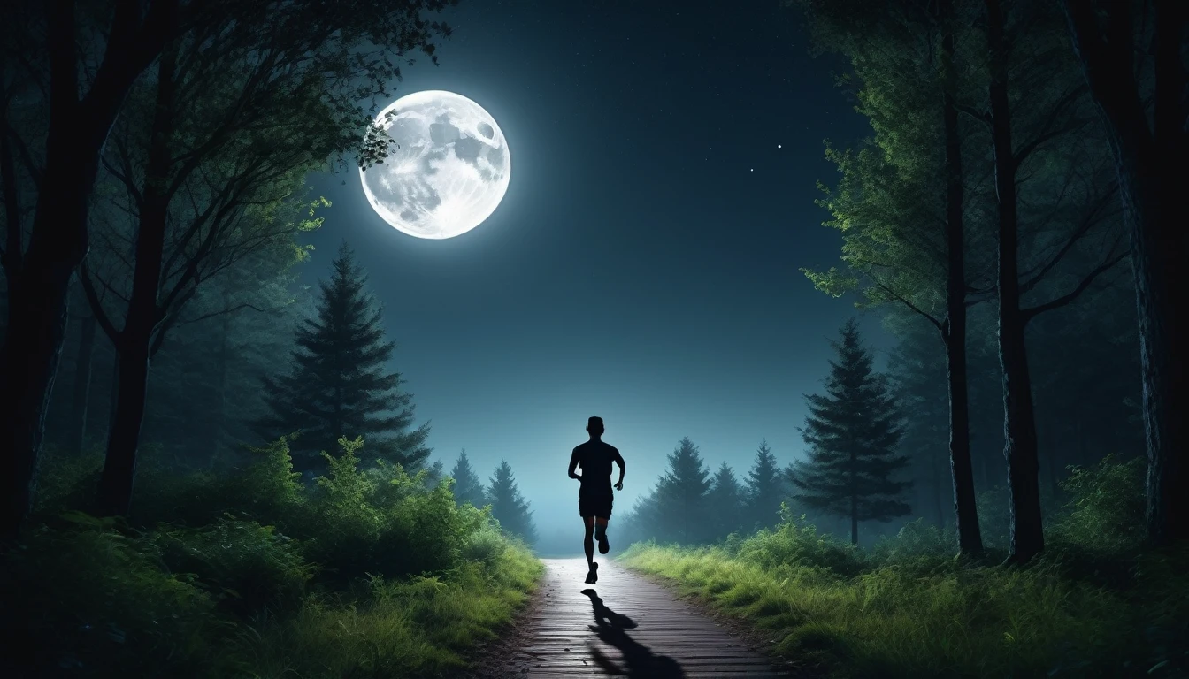 An image The full moon shone between the treetops, casting sinister shadows across the path. Image of a person running alone, only the sounds of nature accompanied me. , PICTURE REALISTIC, high resolution, 8K