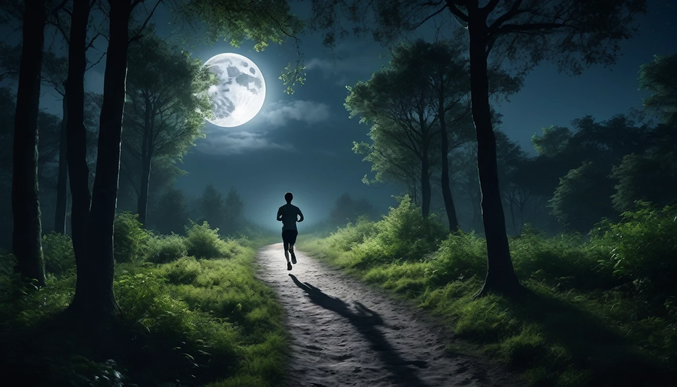 An image The full moon shone between the treetops, casting sinister shadows across the path. Image of a person running alone, only the sounds of nature accompanied me. , PICTURE REALISTIC, high resolution, 8K