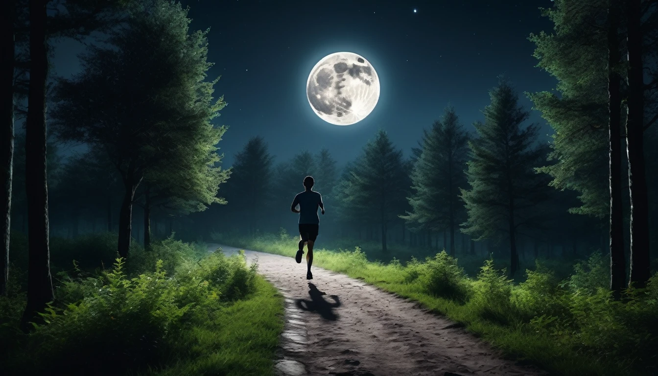 An image The full moon shone between the treetops, casting sinister shadows across the path. Image of a person running alone, only the sounds of nature accompanied me. , PICTURE REALISTIC, high resolution, 8K 