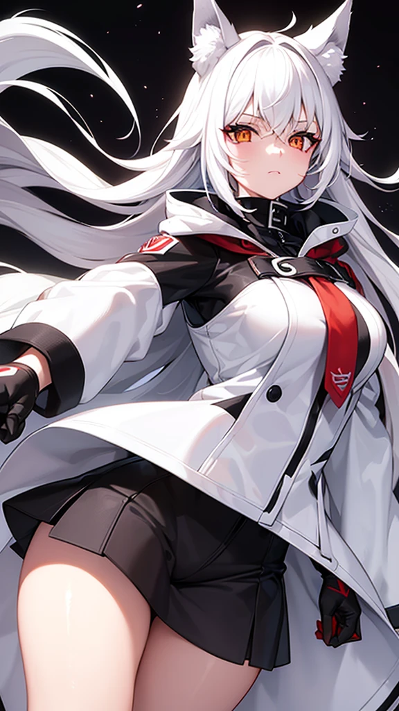 An adult girl character, half fox and wolf, with white hair who wears a dark black coat and a white shirt inside, wears red gloves and always wears a hood. It has round marks on both sides of the cheek