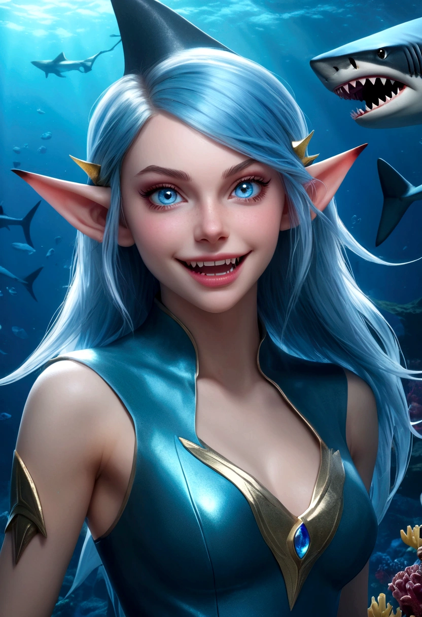 a fantasy undersea shark elf girl with blue eyes, sharp fangs, shark fin feature on back, looking back fiercely, (best quality,4k,8k,highres,masterpiece:1.2),ultra-detailed,(realistic,photorealistic,photo-realistic:1.37),digital art, cinematic lighting, dramatic, vivid colors, concept art