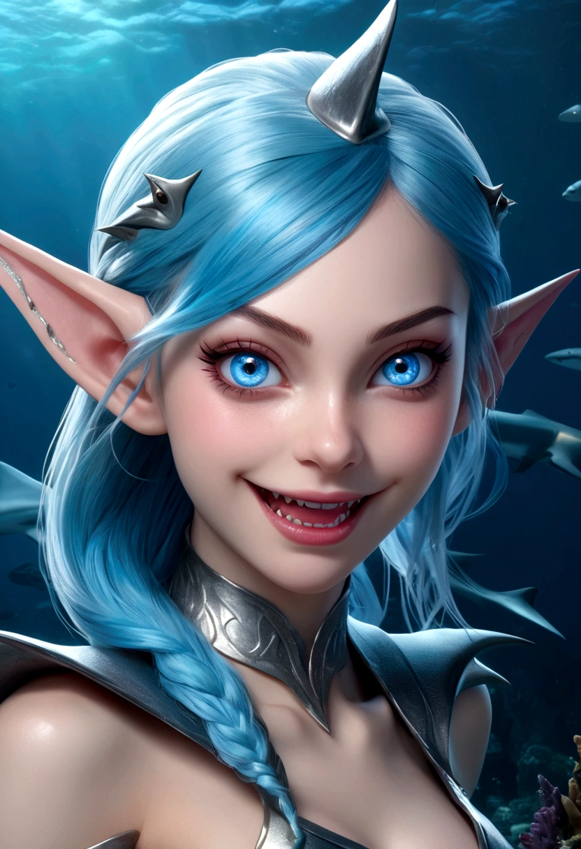 a fantasy undersea shark elf girl with blue eyes, sharp fangs, shark fin feature on back, looking back fiercely, (best quality,4k,8k,highres,masterpiece:1.2),ultra-detailed,(realistic,photorealistic,photo-realistic:1.37),digital art, cinematic lighting, dramatic, vivid colors, concept art