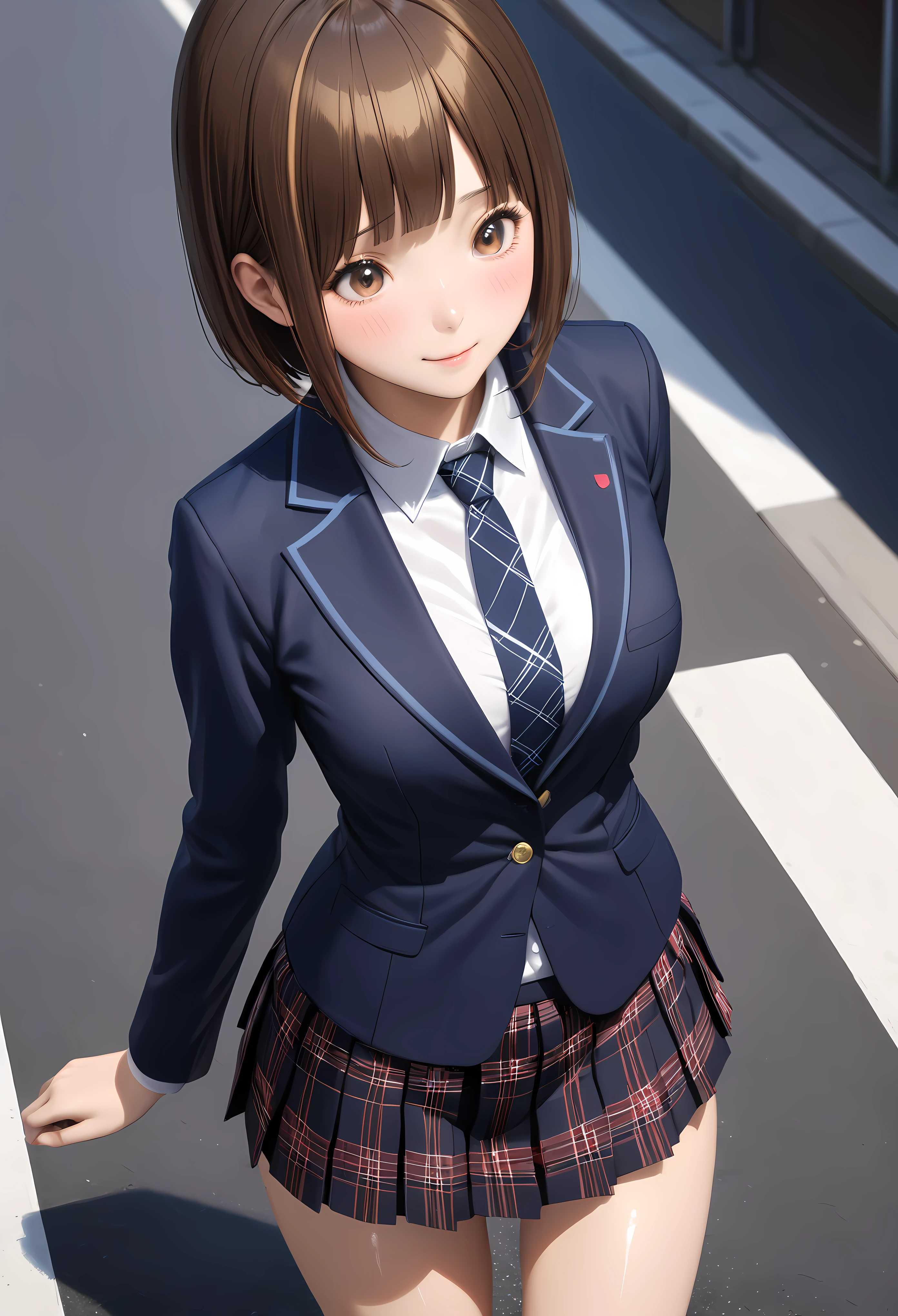 (realistic:1.5,masterpiece,Highest quality:1.3,best quality illustration),cowboy shot,1woman,20 year old Japanese beauty,very small head,(short bob brown hair),bangs,brown eyes,gorgeous eyes,blush,smile,.medium breasts,((very long body:1.3)),((toned body,slender body,skinny:1.3)),(School uniform、Dark blue blazer jacket、White shirt、Navy blue tie、Dark blue plaid pleated mini skirt),gleaming skin,shiny skin,sweat,standing,on street、Tokyo,