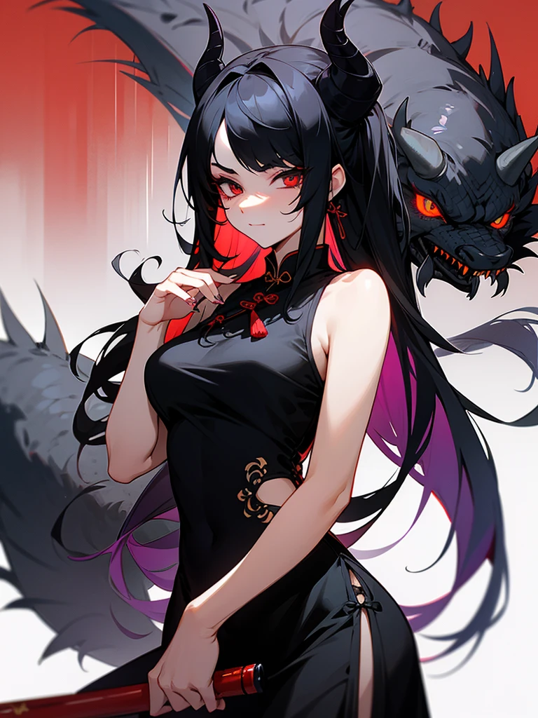 black dragon male and female,long black hair,Bloody conjunctivitis,sly face,girl.beautiful,black horned,has a black tail,Cheongsam dress,Hold the gun.