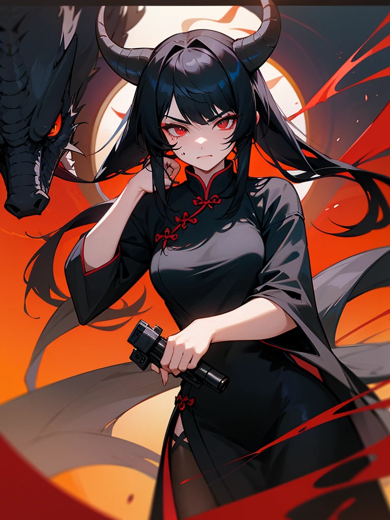 female black dragon,long black hair,Bloody conjunctivitis,sly face,beautiful woman,Wear a cheongsam