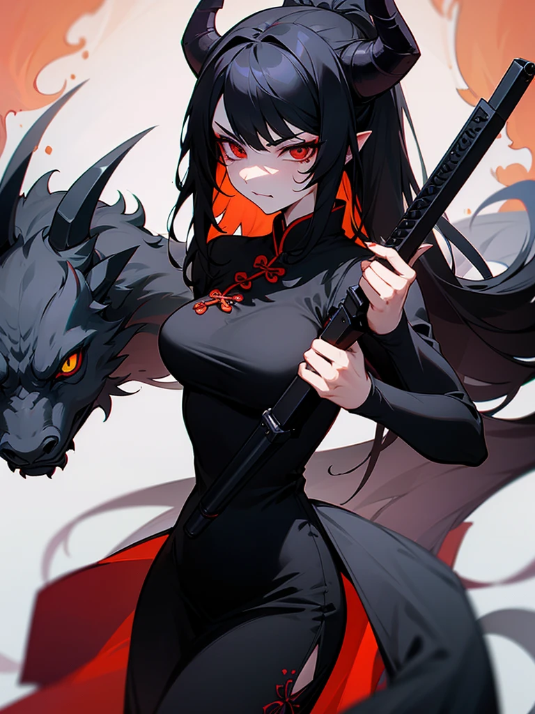 black dragon male and female,long black hair,Bloody conjunctivitis,sly face,girl.beautiful,black horned,has a black tail,Cheongsam dress,Hold the gun.
