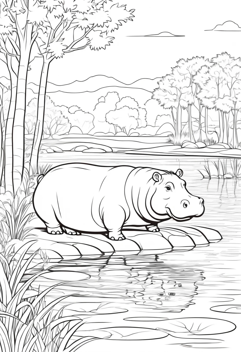 coloring page for kids, hippo in the water with trees along side on the banks of the water, cartoon style, thick lines