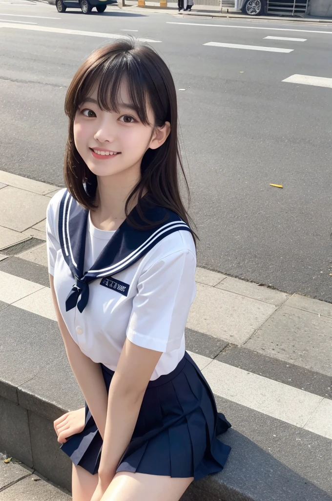 Girl selfie in Shibuya park with .,white sailor shirt,Navy blue pleated skirt,18 years,hits,a small smile,Thighs,knees,medium hair with strands ,From above, Front light