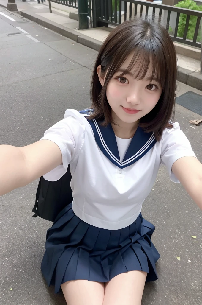 Girl selfie in Shibuya park with .,white sailor shirt,Navy blue pleated skirt,18 years,hits,a small smile,Thighs,knees,medium hair with strands ,From above, Front light