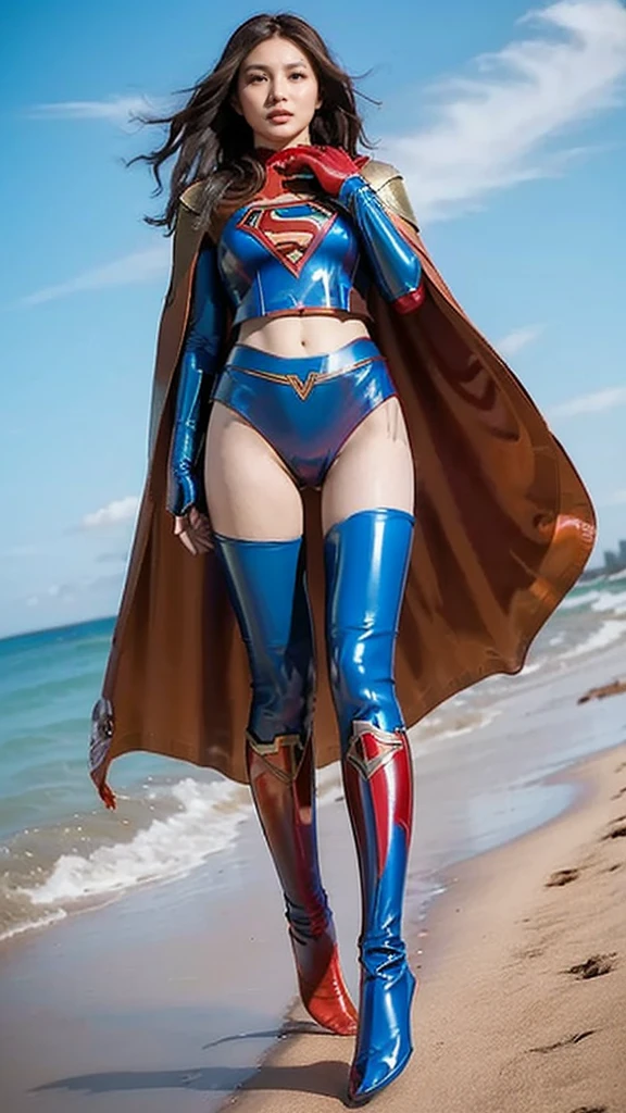 Masterpiece, best quality, NVIDIA RTX, 1girl, full makeups, red lips, extremely beautiful, long wavy hair, hair blown by winds, realistic face and skin details, cinematic lightning, facing camera, intricate details, ((Supergirl)), ((tight blue and red suit)), ((tight blue latex panties:1.3)), ((limbs armor:1.3)), ((wearing red tights on your beautiful legs:1.2)), ((Supergirl symbol)), ((cameltoe:1.4)), perfect face, proportional fit body, tall girl , (cape blown by strong winds:1.3), ((full body)), posing in the middle, symmetrical pose, ultra lights reflection, morning at the beach, from below