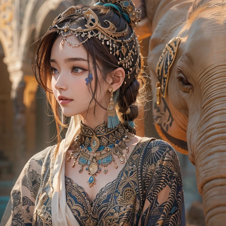 Hiding in the desert、Hair flow、 ((Highest quality、masterpiece、8K、Best image quality、Ultra-high resolution、Award-winning works)、(Accurate anatomy:1.1)、(Look at me and smile:1.1)、Shining fair skin with Ultra-high resolution、The most detailed face、Ultra-high resolution detailed face、Ultra-high resolution hair、(Ultra-high resolutionのeyes :1.1)、Beautiful face drawn in every detail、(Blurred Background:1.1)、Ancient Islamic clothing, Chest to chest, tattoo, Old ruins in the background、Decorated elephant