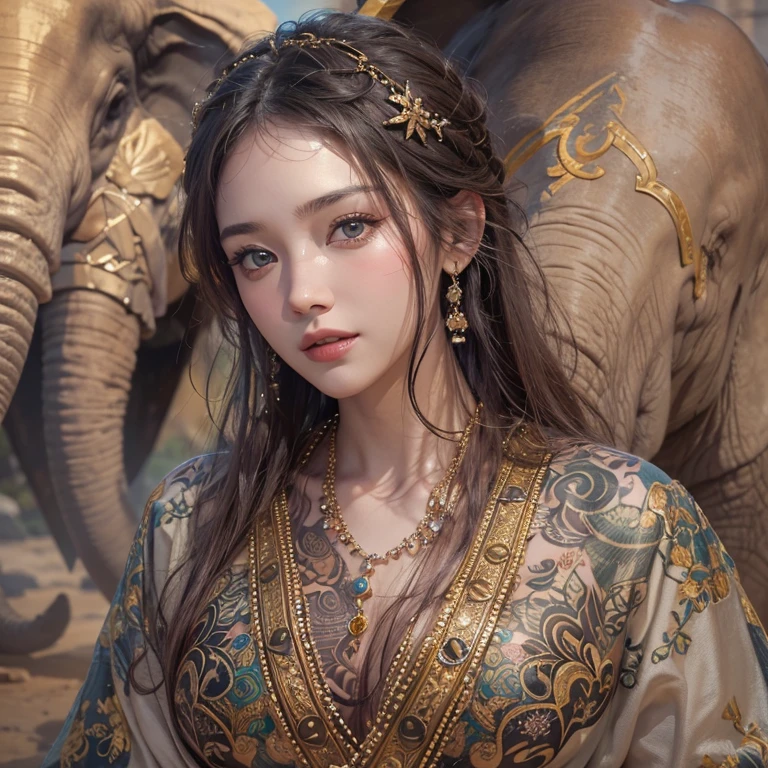 Hiding in the desert、Hair flow、 ((Highest quality、masterpiece、8K、Best image quality、Ultra-high resolution、Award-winning works)、(Accurate anatomy:1.1)、(Look at me and smile:1.1)、Shining fair skin with Ultra-high resolution、The most detailed face、Ultra-high resolution detailed face、Ultra-high resolution hair、(Ultra-high resolutionのeyes :1.1)、Beautiful face drawn in every detail、(Blurred Background:1.1)、Ancient Islamic clothing, Chest to chest, tattoo, Old ruins in the background、Decorated elephant 