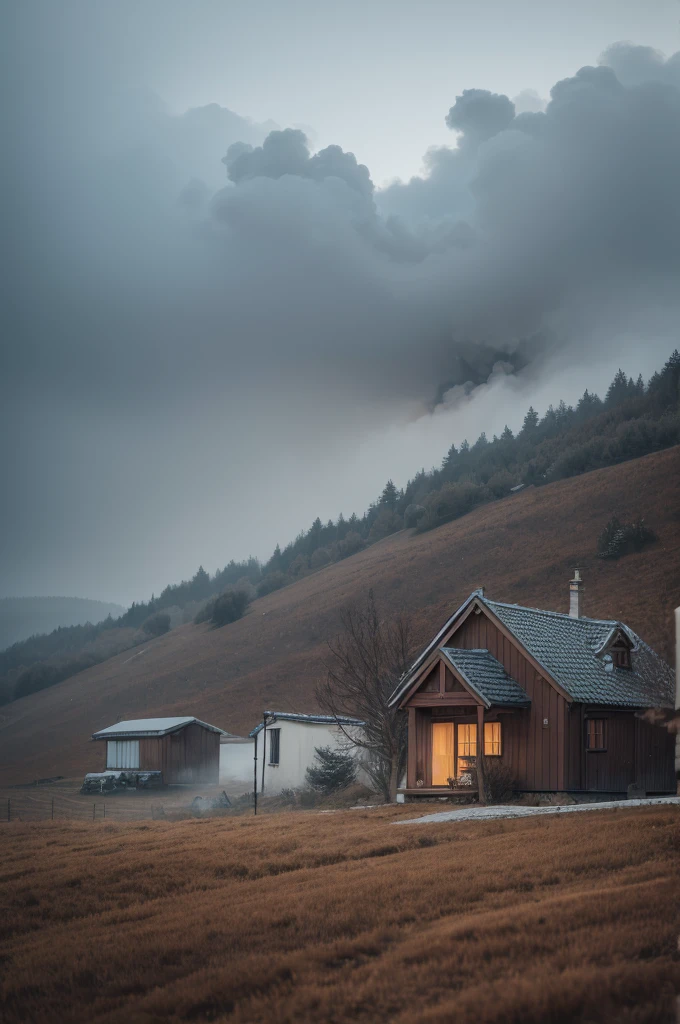 A small house in the countryside smoke coming from the chimney on a rainy winter day.