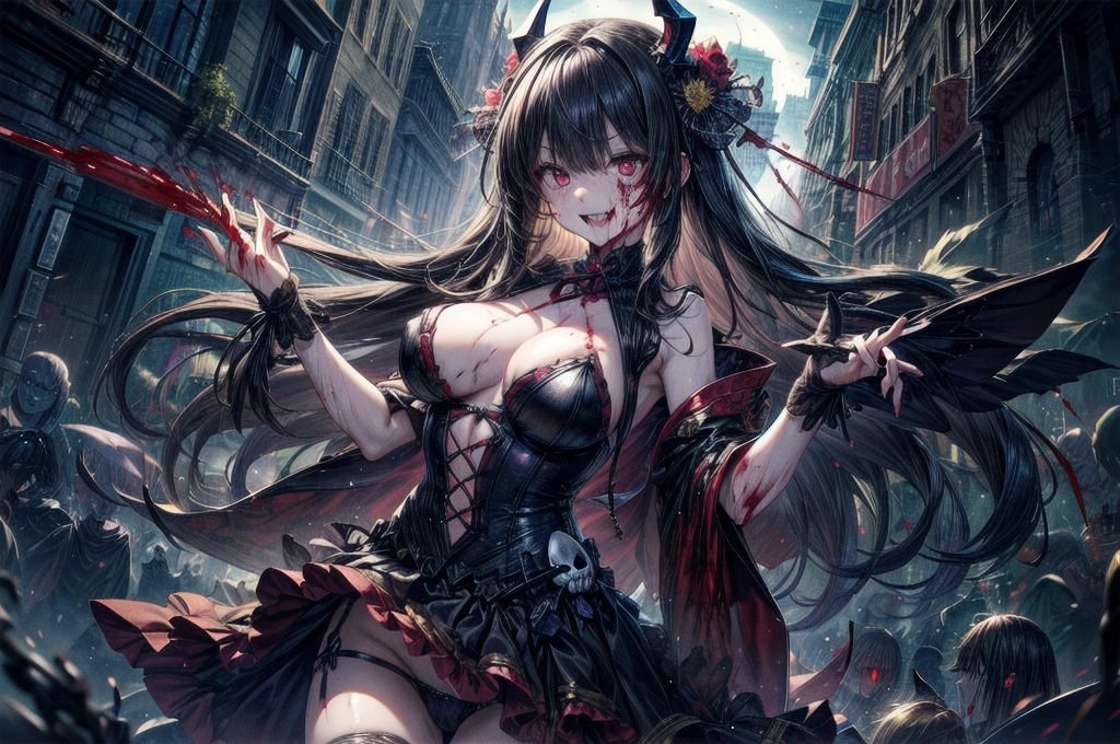 死んだ腐ったBloodに飢えた邪悪なzombie, Girl Venom, 黒い共bornborn物が付着している, Bloodまみれの, Evil look, Psychopathic, Torn clothes, Torn costume, sexy, reveal, Combat Stance, Very detailed, Vibrant appearance, Creative Action, Very detailed, Imaginative, Sensual, Voluntary, Small breasts, sexy, reveal, Highest quality, skinの質感, Intricate details, (Highest quality, masterpiece, 超High resolution), (8k wallpaper, High resolution, High resolution, born), (credibility: 1.4), (whole bodyショット), One girl, ((Anime Girls)),,(Bloodしぶき:1.6), ((Fantasy Witch Costume)), ((Flowing white hair)), ,(Bloodしぶき:1.6),Female curves, Large Breasts, Thick thighs, sexyな平らなお腹, 完璧なhand, 完璧なアニメのface, ((dark lolita dress)), Are standing, ((Wicked Smile)), ,(Bloodしぶき:1.6),In the Victorian city, gaslight, Steam circulates, Moonlight Illumination, night間照明, A sky filled with stars and galaxies,disaster々new devil horns,,(Bloodしぶき:1.6),アニメzombie魔女デザイン, ねじれた笑face、Bloodまみれの、頭からの出Blood、Bloodしぶき、,(Bloodしぶき:1.6),Crossbones, skull, Streetwear Design, Provector, Horror Style, Full Design, Huge breasts, Very detailed, Realistic, Dark fantasy, Gloomy atmosphere, Intricate details, Crazy Smile, 狂ったeye, A cute and luxurious hair band,(masterpiece:1.2, Highest quality), Scary atmosphere、Distorted facial expressions、Horror Art、Bloodの雨、Bloodを流す、Bloodしぶき,(Bloodしぶき:1.6),悪魔のeye、redいeye、scar、火scar、whole body、Torn hair of a woman dressed in slave clothing、（Long Hair）、（eyeにかかる長さの前髪）、Black Hair、（（（eyeの下のクマ）））、青白いskin、Feeling unwell、Pathological、邪悪な笑face、狂ったeye、（Grin）Dramatic makeup，Create mixed media art、,Horror 1 Girl, Open_mouth, , red_eye, Blood, Tilt_red_skin, Injury, Blood_in addition_face, Bandaged_arm, Blood_in addition_zombie, Blood_in addition_hand　, Open your eyelids wide, The trend is all, mouthを大きくOpen, mouthを開けてteethをむき出しにする,獣のような鋭いteeth, Wide lips, 非常に広いmouth, Vermilion cheeks, blonde, ,(Bloodしぶき:1.6),Princess Cut, Ribbon hair ornament, brooch, Otaku Room, Well-built body, Nice body, Ample breasts, Thick body,eyeを大きく開いて、Scary atmosphere、Distorted facial expressions、ねじれた笑face、Bloodまみれの、頭からの出Blood、Bloodしぶき、whole body、,(Bloodしぶき:1.6),Long Hair、Long bangs、Well-built,Broad shoulders,I focus,(face),Messy Hair,いeye,(光るeye),red信号,笑face,big 笑face,teeth,psycho 笑face,gesugao,Dark city background,darkness,night,(close),良いeye, 良いteeth,サディスティックな笑face,,all,光沢のあるskin,詳細なface,Beautiful body,　mouthからの白い息　Luxurious lace long gloves