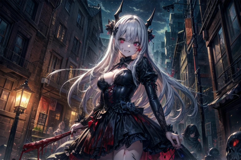 死んだ腐ったBloodに飢えた邪悪なzombie, Girl Venom, 黒い共bornborn物が付着している, Bloodまみれの, Evil look, Psychopathic, Torn clothes, Torn costume, sexy, reveal, Combat Stance, Very detailed, Vibrant appearance, Creative Action, Very detailed, Imaginative, Sensual, Voluntary, Small breasts, sexy, reveal, Highest quality, skinの質感, Intricate details, (Highest quality, masterpiece, 超High resolution), (8k wallpaper, High resolution, High resolution, born), (credibility: 1.4), (whole bodyショット), One girl, ((Anime Girls)),,(Bloodしぶき:1.6), ((Fantasy Witch Costume)), ((Flowing white hair)), ,(Bloodしぶき:1.6),Female curves, Large Breasts, Thick thighs, sexyな平らなお腹, 完璧なhand, 完璧なアニメのface, ((dark ta dress)), Are standing, ((Wicked Smile)), ,(Bloodしぶき:1.6),In the Victorian city, gaslight, Steam circulates, Moonlight Illumination, night間照明, A sky filled with stars and galaxies,disaster々new devil horns,,(Bloodしぶき:1.6),アニメzombie魔女デザイン, ねじれた笑face、Bloodまみれの、頭からの出Blood、Bloodしぶき、,(Bloodしぶき:1.6),Crossbones, skull, Streetwear Design, Provector, Horror Style, Full Design, Huge breasts, Very detailed, Realistic, Dark fantasy, Gloomy atmosphere, Intricate details, Crazy Smile, 狂ったeye, A cute and luxurious hair band,(masterpiece:1.2, Highest quality), Scary atmosphere、Distorted facial expressions、Horror Art、Bloodの雨、Bloodを流す、Bloodしぶき,(Bloodしぶき:1.6),悪魔のeye、redいeye、scar、火scar、whole body、Torn hair of a woman dressed in slave clothing、(Long Hair)、(eyeにかかる長さの前髪)、Black Hair、(((eyeの下のクマ)))、青白いskin、Feeling unwell、Pathological、邪悪な笑face、狂ったeye、(Grin)Dramatic makeup,Create mixed media art、,Horror 1 Girl, Open_mouth, , red_eye, Blood, Tilt_red_skin, Injury, Blood_in addition_face, Bandaged_arm, Blood_in addition_zombie, Blood_in addition_hand , Open your eyelids wide, The trend is all, mouthを大きくOpen, mouthを開けてteethをむき出しにする,獣のような鋭いteeth, Wide lips, 非常に広いmouth, Vermilion cheeks, blonde, ,(Bloodしぶき:1.6),Princess Cut, Ribbon hair ornament, brooch, Otaku Room, Well-built body, Nice body, Ample breasts, Thick body,eyeを大きく開いて、Scary atmosphere、Distorted facial expressions、ねじれた笑face、Bloodまみれの、頭からの出Blood、Bloodしぶき、whole body、,(Bloodしぶき:1.6),Long Hair、Long bangs、Well-built,Broad shoulders,I focus,(face),Messy Hair,いeye,(光るeye),red信号,笑face,big 笑face,teeth,psycho 笑face,gesugao,Dark city background,darkness,night,(close),良いeye, 良いteeth,サディスティックな笑face,,all,光沢のあるskin,詳細なface,Beautiful body, mouthからの白い息 Luxurious lace long gloves