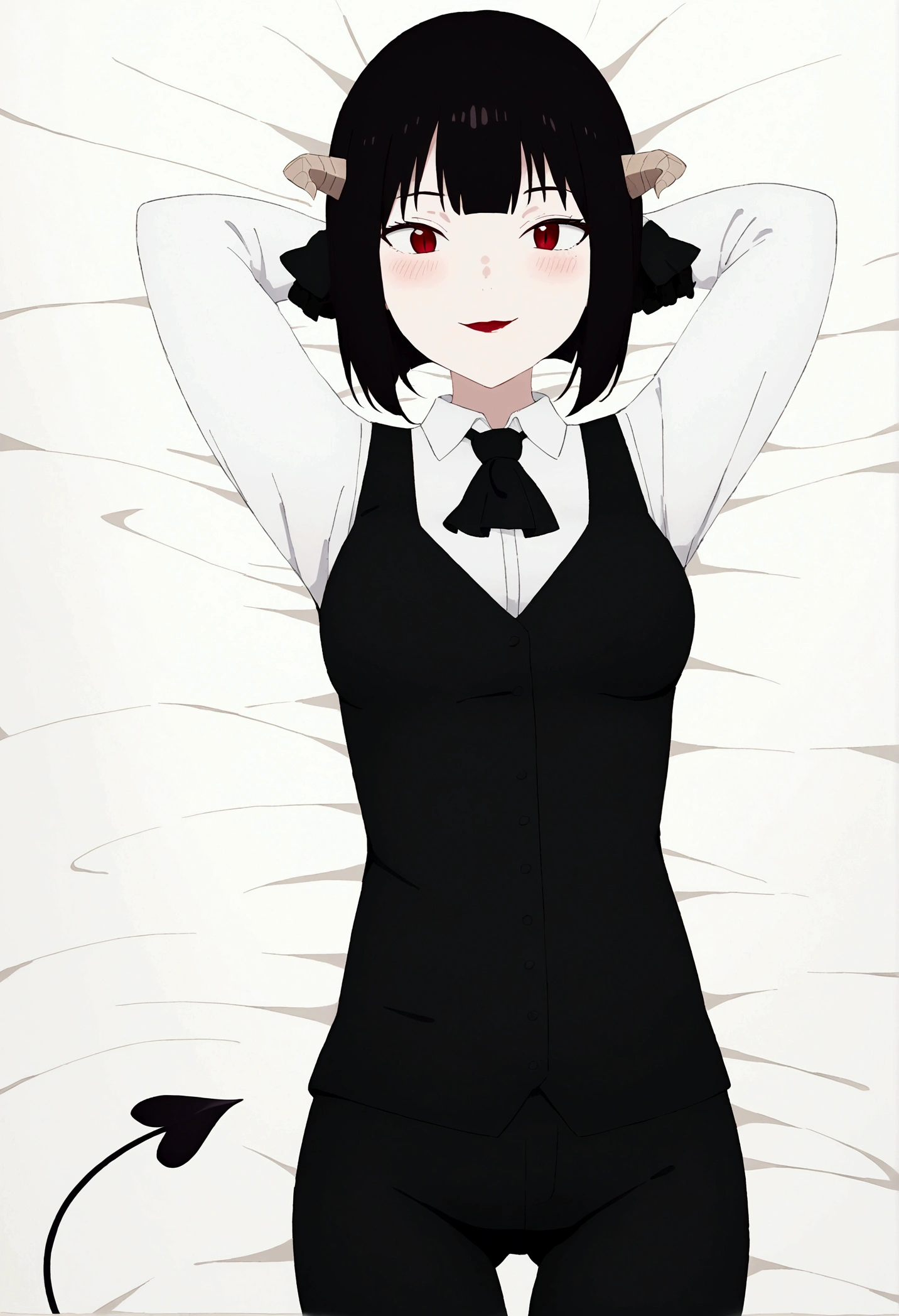 work of art, best qualityer, high resolution, 1girl horns short hair demon tail, white shirt black ascot black gloves black pants black vest lying on your back, sheet, arms behind the head,blushed,face red,cos,ssmile