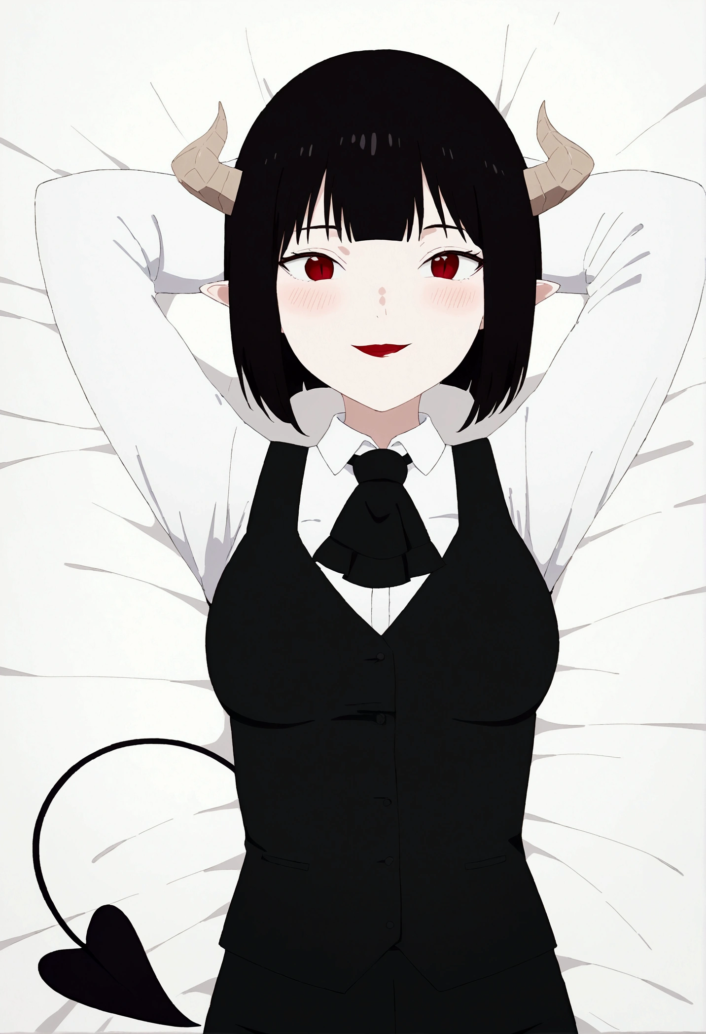 work of art, best qualityer, high resolution, 1girl horns short hair demon tail, white shirt black ascot black gloves black pants black vest lying on your back, sheet, arms behind the head,blushed,face red,cos,ssmile
