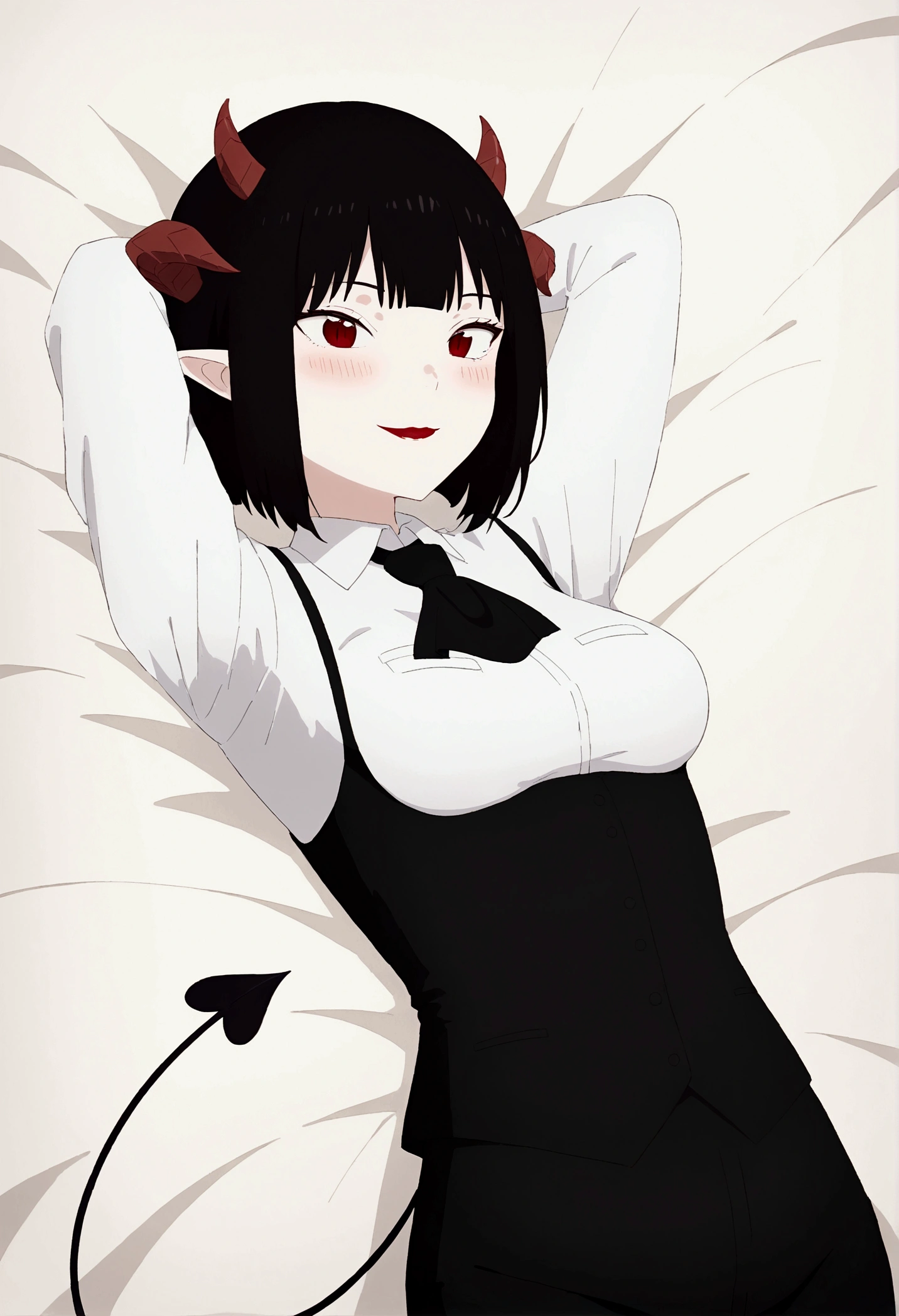 work of art, best qualityer, high resolution, 1girl horns short hair demon tail, white shirt black ascot black gloves black pants black vest lying on your back, sheet, arms behind the head,blushed,face red,cos,ssmile
