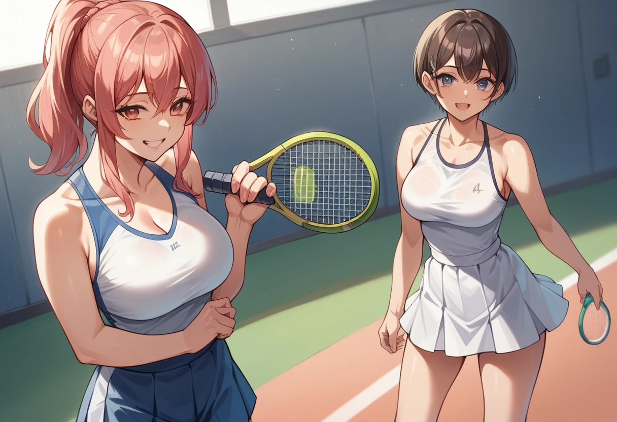 2girl,nsfw, glamorous, voluptuous, stand,smiling ((tennis wear,))