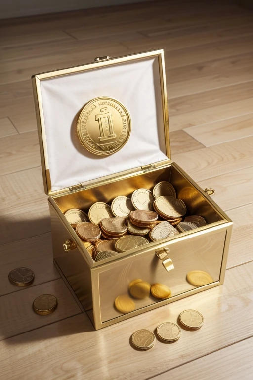 create realistic open chest with gold coins inside, some coins near on the floor, total white background