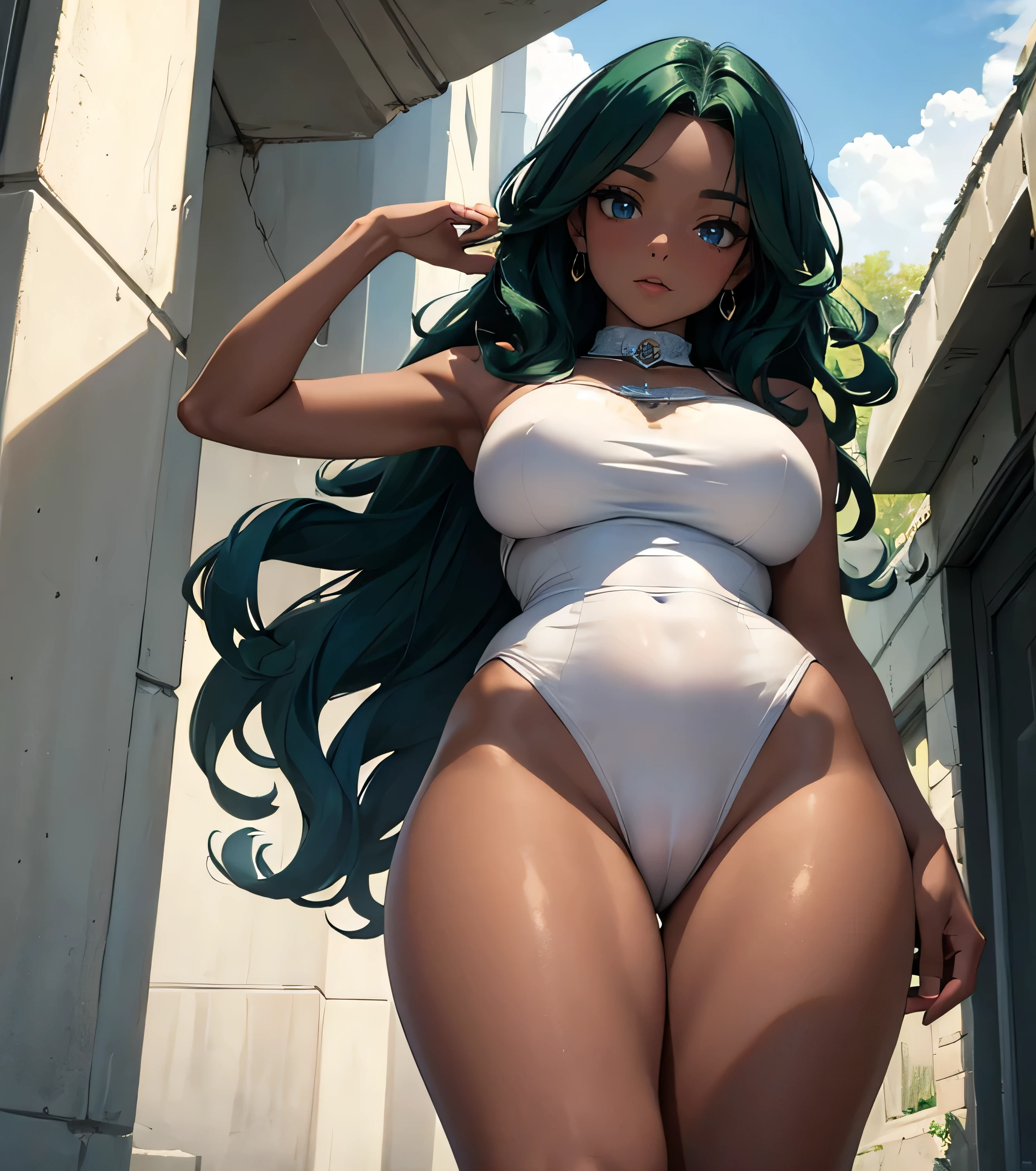 (masterpiece, best quality:1.3), (from below:1.3), perfect face, expressive eyes, 1girl, looking at viewer, 19 years old, (slim body, large breast) triple D cup breasts, bubbly ass, round buttocks,beautiful face,solo,, dark skin, green hair, long curly hair