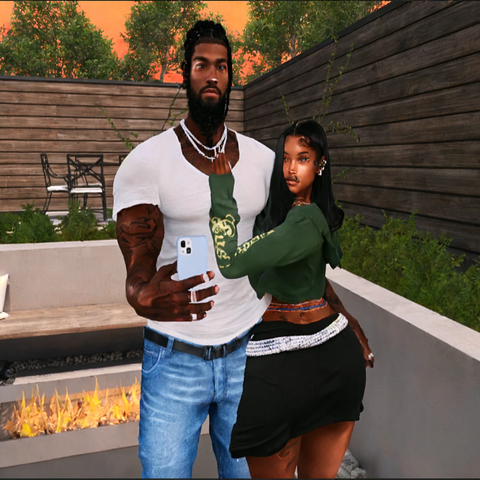 il y a un homme a la peau noir musclé avec un tee shirt blanc et un jean bleu qui tient un telephone et de l'autre coté une femme a la peau noir qui tient l'homme