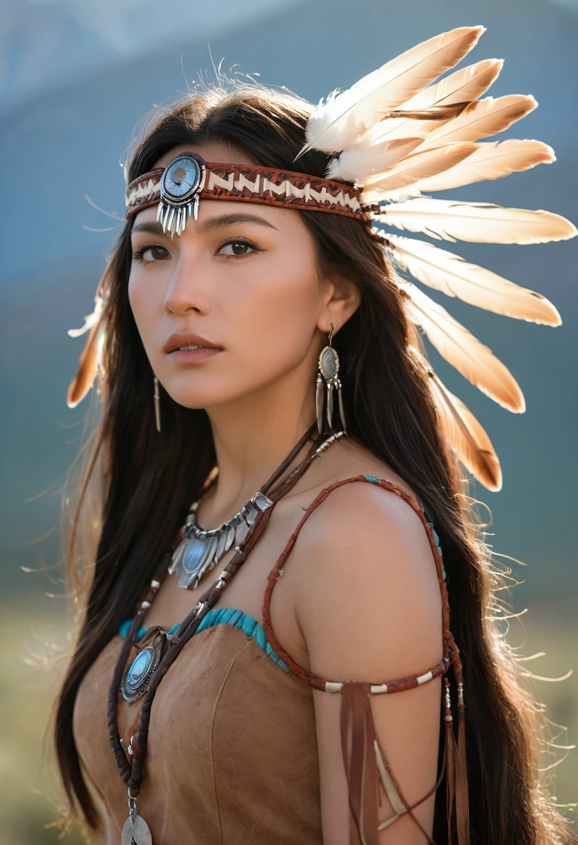 portrait photograph of Marie Avgeroupolus as Pocahontas, young beautiful native american woman, perfect symmetrical face, indigenes feather jewelry, traditional handmade dress, armed female hunter warrior, (((wild west))) environment, Utah landscape, ultra realistic, concept art, elegant, ((intricate)), ((highly detailed)), depth of field, ((professionally color graded)), soft ambient lighting, dusk, 8k, art by artgerm and greg rutkowski and alphonse mucha