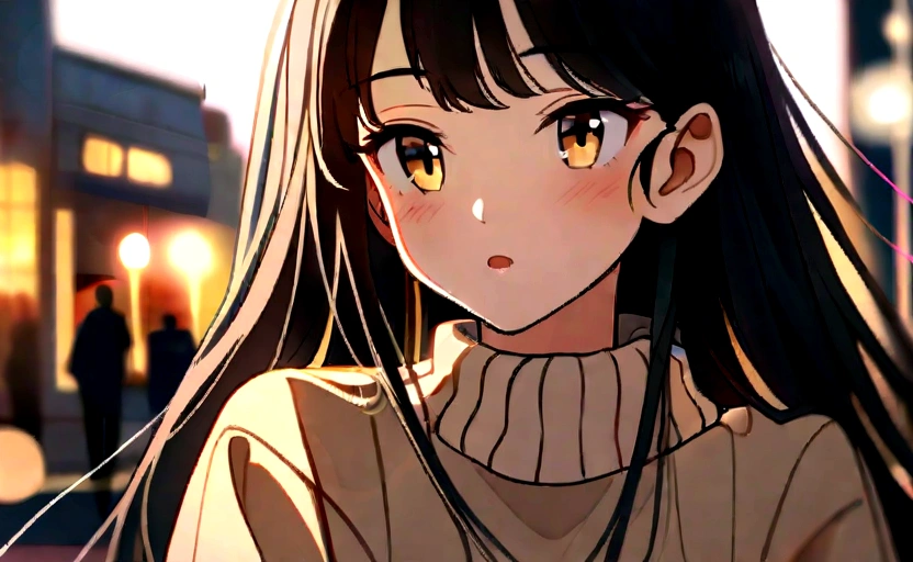 emrb,long hair ,Bblack hair,close up, City street,wearing sweater,work of art, soft lighting,golden hour time,bokeh,DOF, volumetric lighting