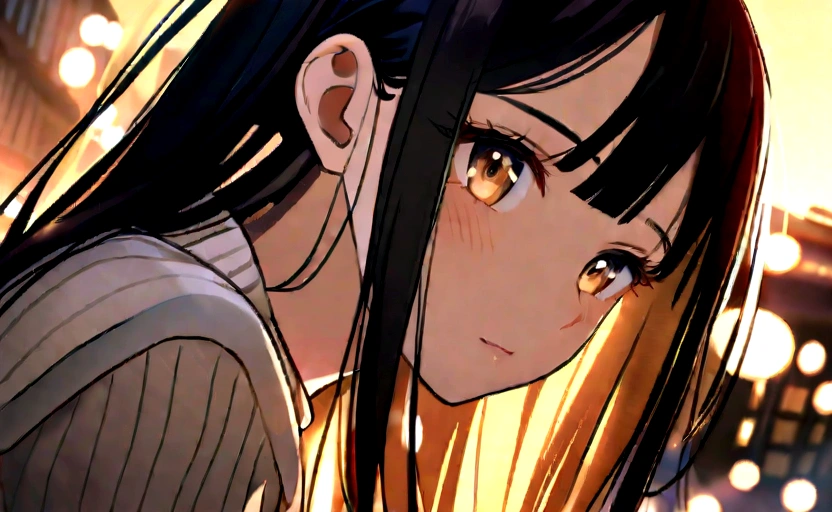 emrb,long hair ,Bblack hair,close up, City street,wearing sweater,work of art, soft lighting,golden hour time,bokeh,DOF, volumetric lighting