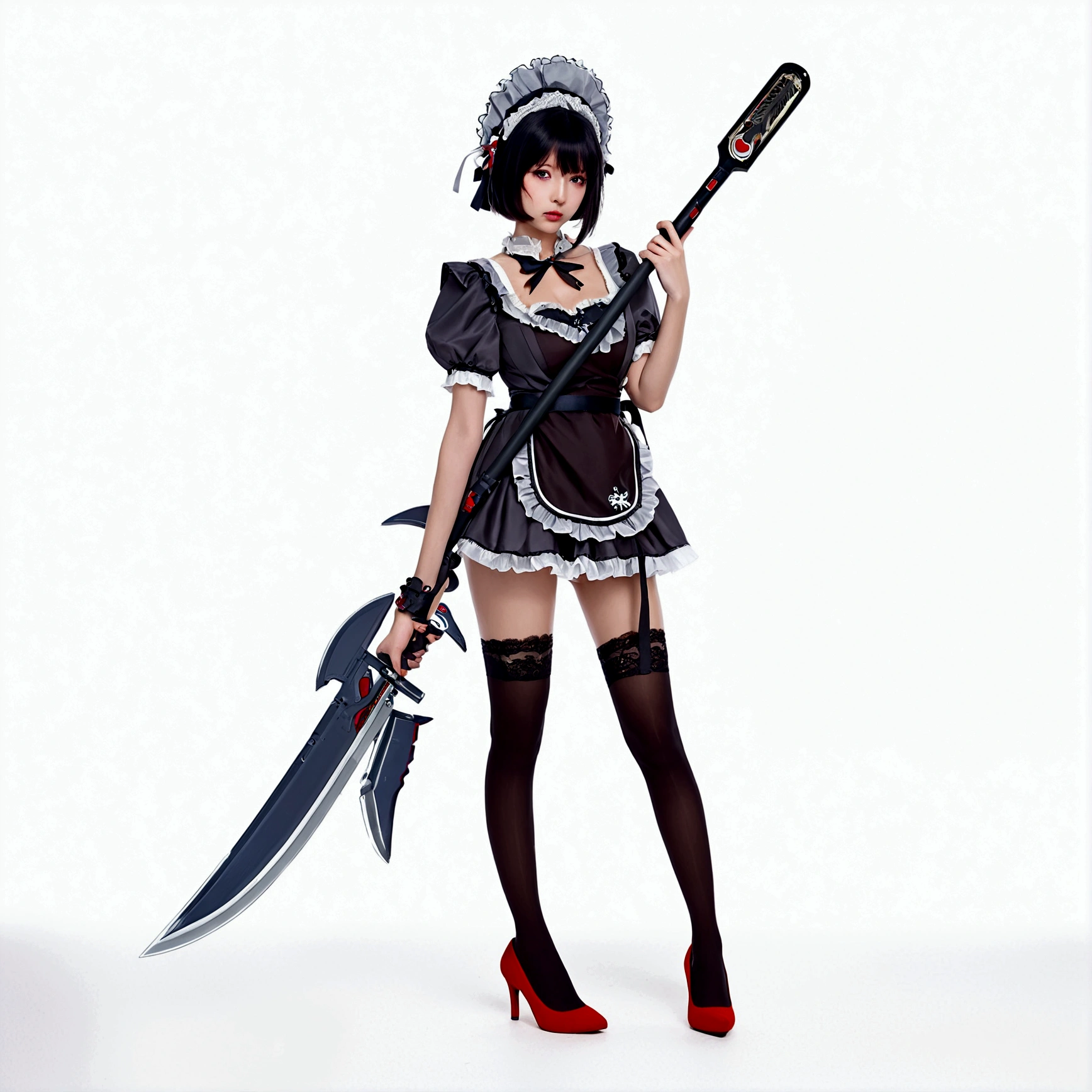 1girl, solo, breasts, looking at viewer, short hair, bangs, simple background, black hair, red eyes, dress, medium breasts, closed mouth, standing, tail, full body, weapon, short sleeves, pantyhose, frills, puffy sleeves, looking back, black footwear, holding weapon, apron, black dress, high heels, puffy short sleeves, hand on hip, wrist cuffs, black pantyhose, maid, maid headdress, polearm, black background, huge weapon
