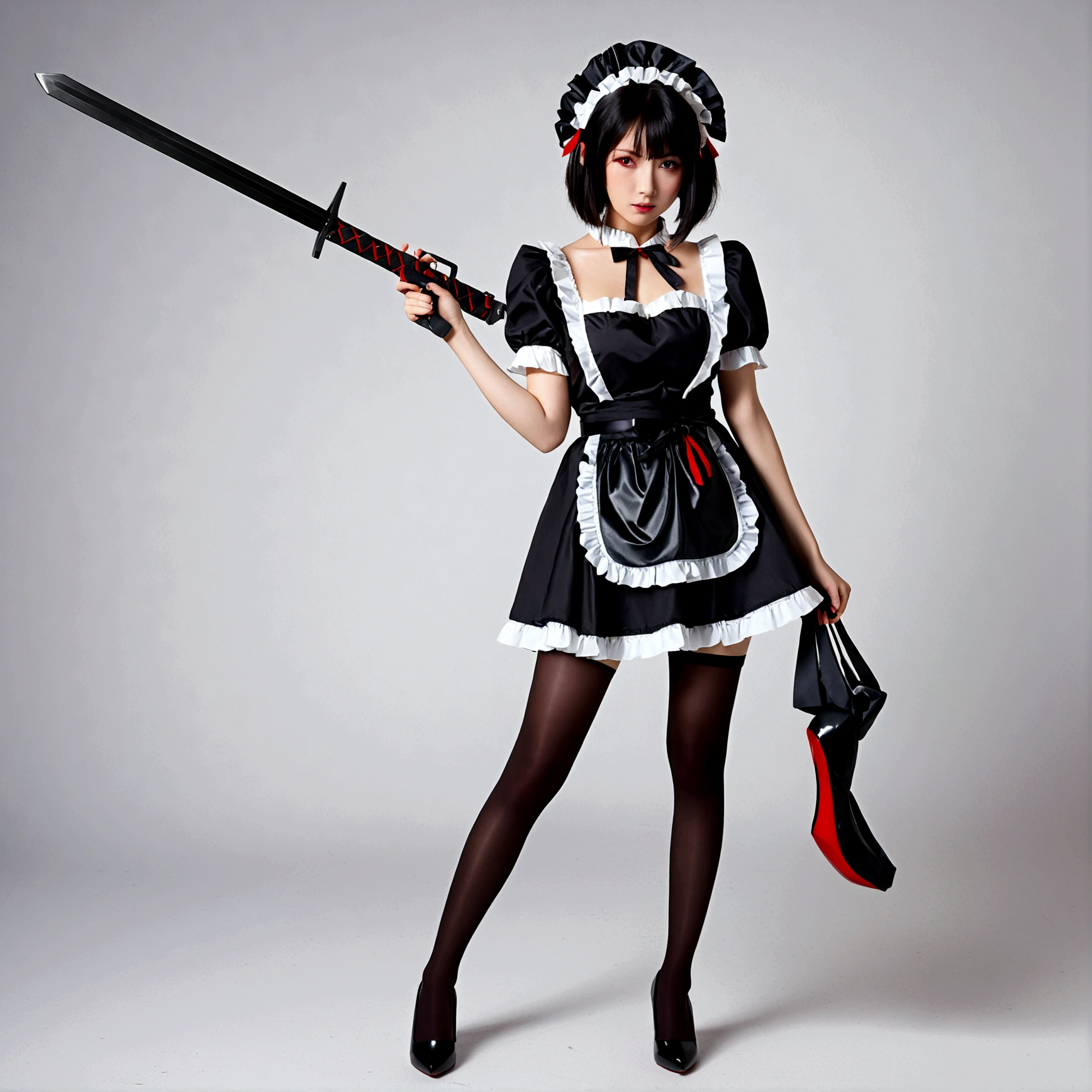 1girl, solo, breasts, looking at viewer, short hair, bangs, simple background, black hair, red eyes, dress, medium breasts, closed mouth, standing, tail, full body, weapon, short sleeves, pantyhose, frills, puffy sleeves, looking back, black footwear, holding weapon, apron, black dress, high heels, puffy short sleeves, hand on hip, wrist cuffs, black pantyhose, maid, maid headdress, polearm, black background, huge weapon