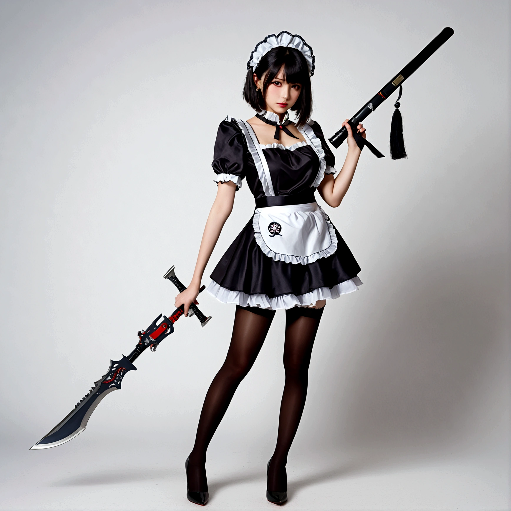 1girl, solo, breasts, looking at viewer, short hair, bangs, simple background, black hair, red eyes, dress, medium breasts, closed mouth, standing, tail, full body, weapon, short sleeves, pantyhose, frills, puffy sleeves, looking back, black footwear, holding weapon, apron, black dress, high heels, puffy short sleeves, hand on hip, wrist cuffs, black pantyhose, maid, maid headdress, polearm, black background, huge weapon