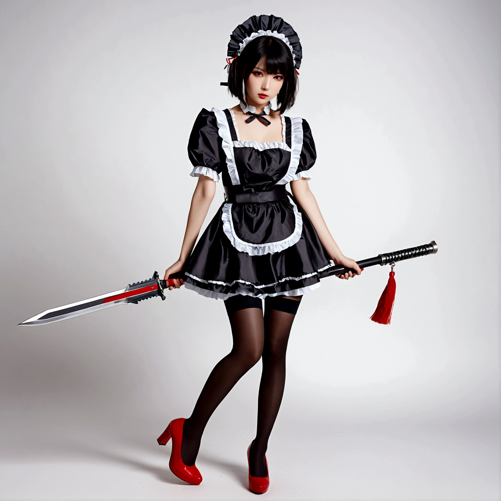 1girl, solo, breasts, looking at viewer, short hair, bangs, simple background, black hair, red eyes, dress, medium breasts, closed mouth, standing, tail, full body, weapon, short sleeves, pantyhose, frills, puffy sleeves, looking back, black footwear, holding weapon, apron, black dress, high heels, puffy short sleeves, hand on hip, wrist cuffs, black pantyhose, maid, maid headdress, polearm, black background, huge weapon