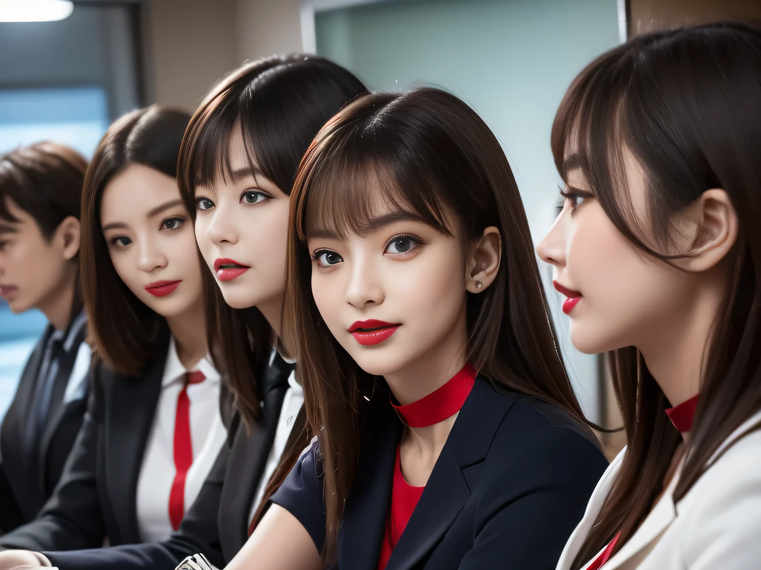((Highest quality, 8K, Representative works in detail, Ultra-high resolution)), (Looking at the audience), ((グラススクエアで話すFemale Employees)), Attractive woman, ((Big Breasts)),  smile, ((Black Choker)), Slim figure, (blue eyes), Long eyelashes, bangs, Beautiful shiny brown hair, Nogizaka idol, Slim face、((suit，uniform))、Dependents、Female Employees、((In a meeting))、Bright red lipstick、Elegant woman，Noble