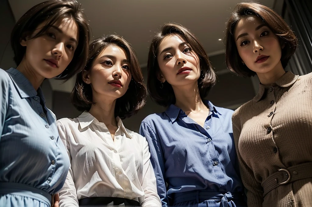 (masterpiece : 1.5), (3 woman : 1.5), (looking down at viewer : 1.3), (view from below : 1.3), (3 woman standing side by side : 1.3), (they are all 68 years old : 1.3), beautiful mother, (they all have face wrinkles : 1.3), (smirking : 1.3), (Each has a different hairstyle), (they all are wearing tight collared shirt : 1.3), (in a small fitting room : 1.3), (they all are same height : 1.1), pores, skin blemishes, fleckles, realistic detailed skin, (focus on the chest from below : 1.2)