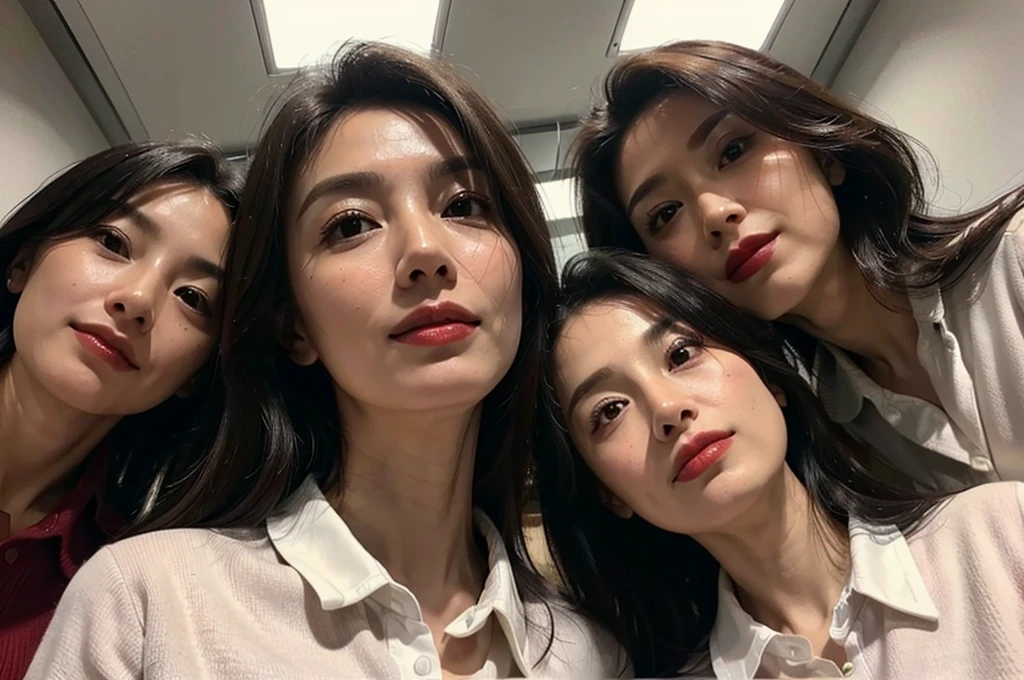 (masterpiece : 1.5), (3 woman : 1.5), (looking down at viewer : 1.3), (view from below : 1.3), (3 woman standing side by side : 1.3), (they are all 68 years old : 1.3), beautiful mother, (they all have face wrinkles : 1.3), (smirking : 1.3), (Each has a different hairstyle), (they all are wearing tight collared shirt : 1.3), (in a small fitting room : 1.3), (they all are same height : 1.1), pores, skin blemishes, fleckles, realistic detailed skin, (focus on the chest from below : 1.2)