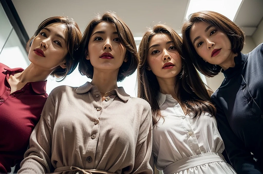 (masterpiece : 1.5), (3 woman : 1.5), (looking down at viewer : 1.3), (view from below : 1.3), (3 woman standing side by side : 1.3), (they are all 68 years old : 1.3), beautiful mother, (they all have face wrinkles : 1.3), (smirking : 1.3), (Each has a different hairstyle), (they all are wearing tight collared shirt : 1.3), (in a small fitting room : 1.3), (they all are same height : 1.1), pores, skin blemishes, fleckles, realistic detailed skin, (focus on the chest from below : 1.2)