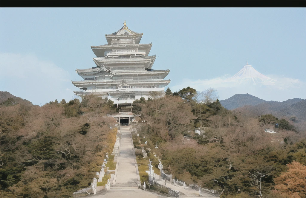 There is a big white and grey building on the hill., Palace on the hill, Japanese Templess, Chiba Prefecture, Castle on the mountain, Ehime, beautiful iwakura, Ancient Japanese architecture, Kamakura scenery, Gunma Prefecture, Japanese Temples, kanagawa prefecture, creation, Kumamoto