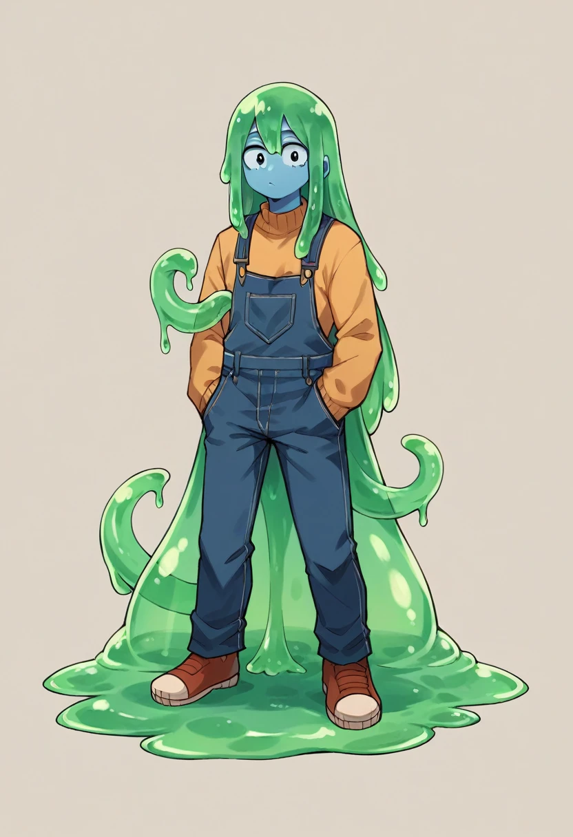 score_9, score_8_up, score_7_up, score_6_up, score_5_up, score_4_up, source_anime, 1Boy, slime Boy, Blue skin, Soft fashion, Long hair with green tips, tentacles, slime tentacles, slime boy, solo, slimegirlsfw, slime boy, sweater, overalls, slimeboy, my hero academia, tentacles, school, depth of field, LUT, detailed, handsome, cute slime boy. My hero academia school, Tentacle tail, Full body shot. 